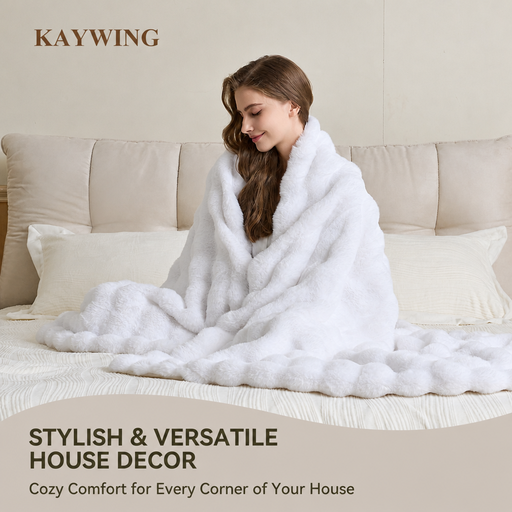 KayWing fluffy bubble plush throw blanket, White