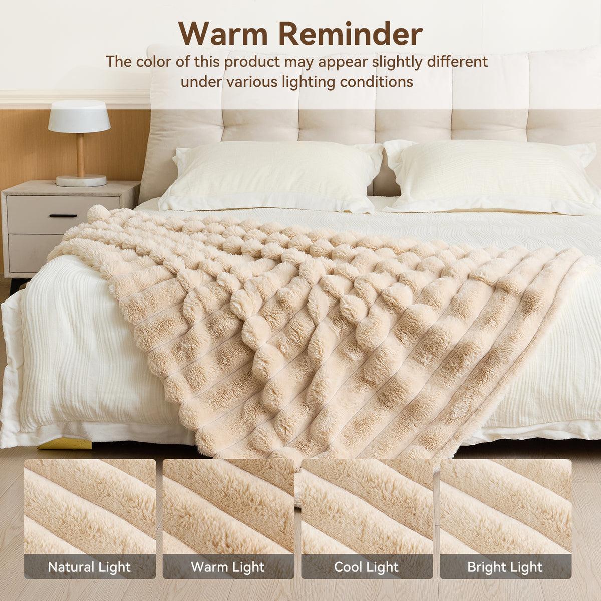 KayWing reversible faux rabbit fur stripe throw blanket, Beige