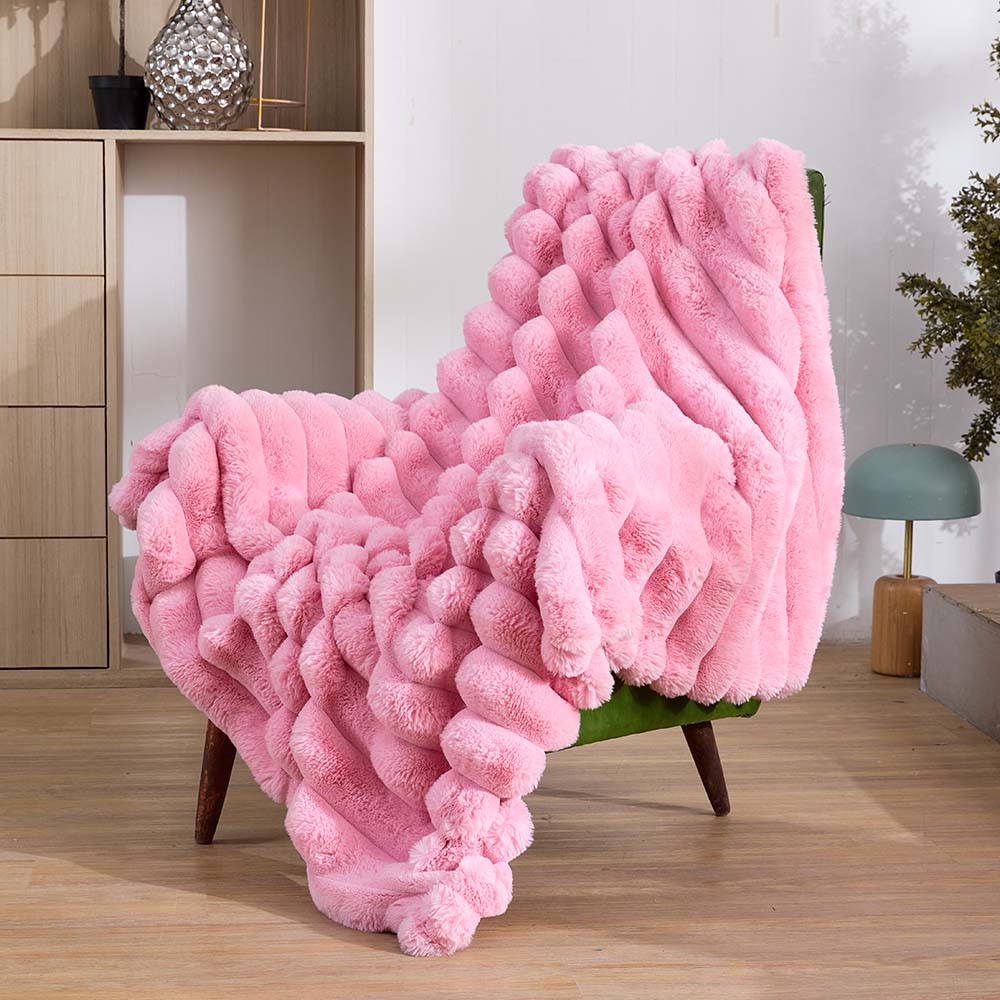 KayWing reversible faux rabbit fur stripe throw blanket, Pink